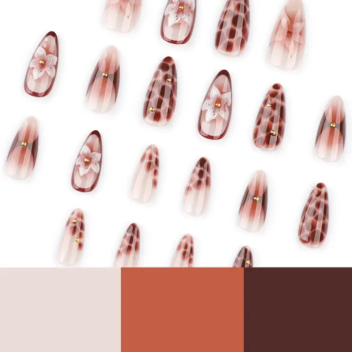 24 pièces rétro amande presse sur ongles marron marbre fissures fleur de glace imprimé faux