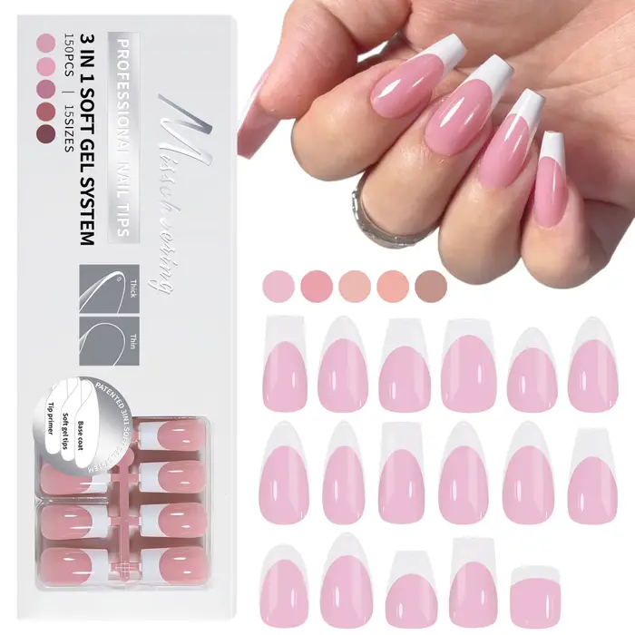 150 pièces cercueil amande Gel doux presse sur les ongles 3 en 1 pointes d'ongle français amovibles 