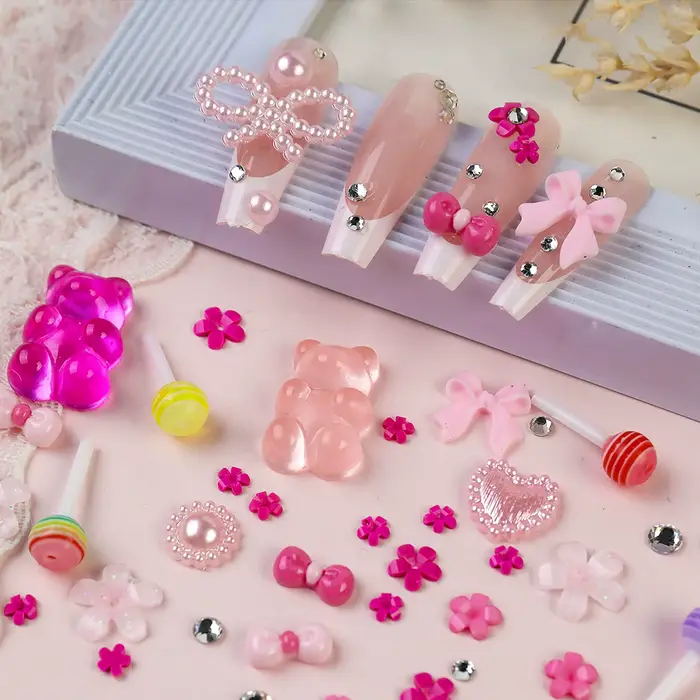 12 grilles/boîte 3D mixte nœud papillon perle coeur ongles breloques Flatback résine fleur, étoile, 
