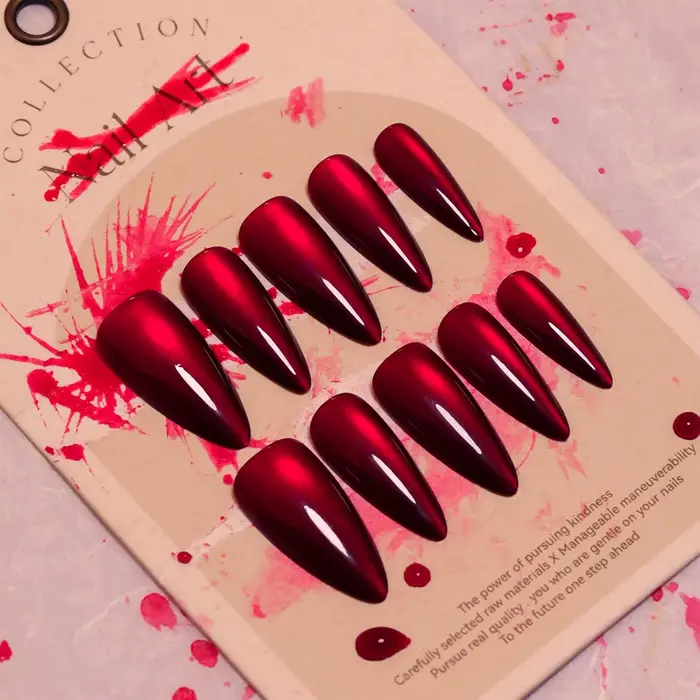 30 feuilles longues amande yeux de chat rouge faux ongles presse