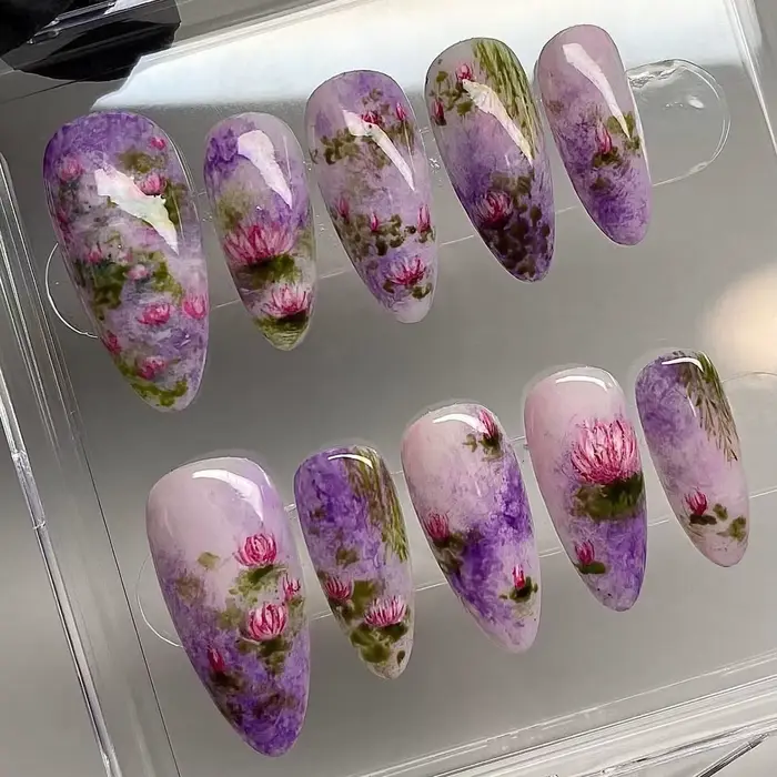 24 pièces été fleur de Lotus faux ongles violet Blush amande faux ongles pour les femmes portable co
