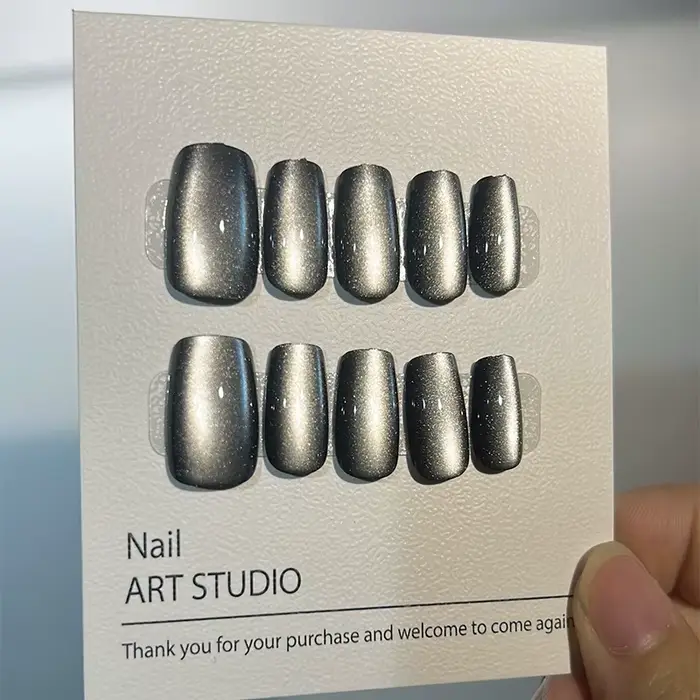 Presse sur les ongles cercueil de luxe faux ongles Art oeil de chat fait à la main acrylique françai