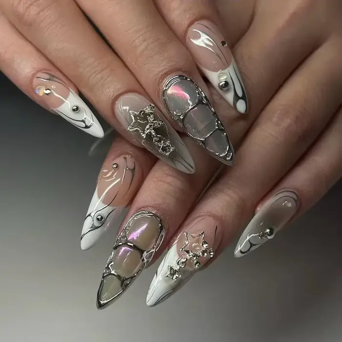 24 pièces Y2k amande acrylique ongles couverture complète 3D diamant noir Nail Art doux Cool françai