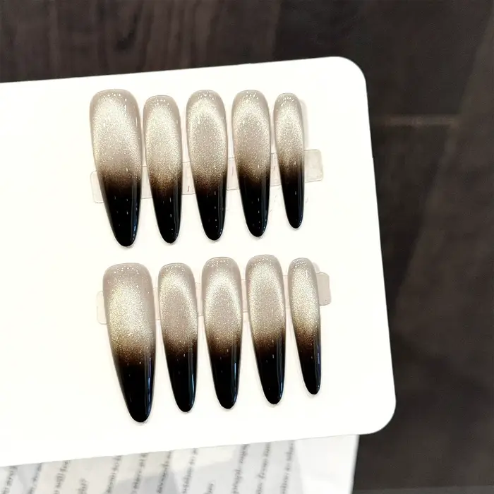 Faux ongles longs stiletto faits à la main à presser avec design scintillant, dégradé doré brun, fau