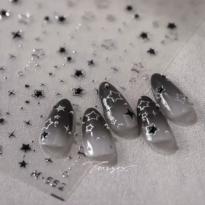 Autocollants pour ongles étoiles de luxe 5D, décalcomanies pour Nail Art, noir et argent, dorure ajo