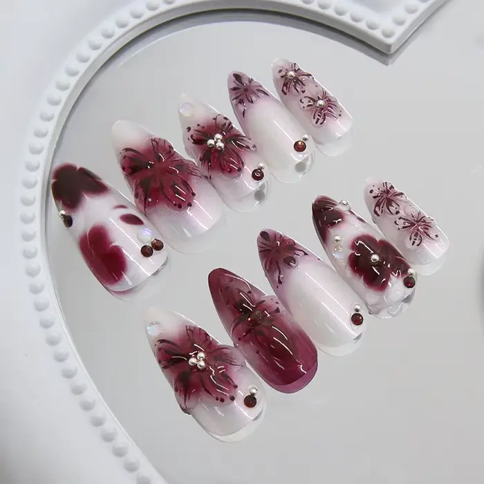 24 pièces fleur impression presse sur ongles vin rouge Blush amande faux