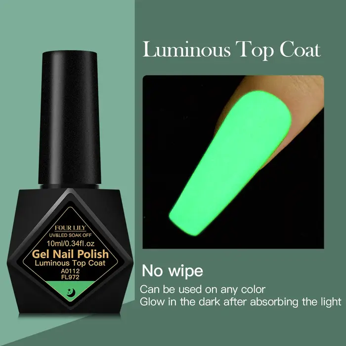 FOUR LILY 10ml Top Coat Lumineux Sans Résidu Gel Vert Phosphorescent Vernis à Ongles DIY Salon à Domicile Cadeau Festif Pour la Saint-Valentin
