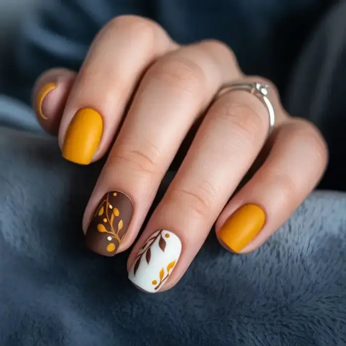 Un ensemble complet de 24 faux ongles carrés courts conçus avec des motifs de feuilles orange de style automne et hiver