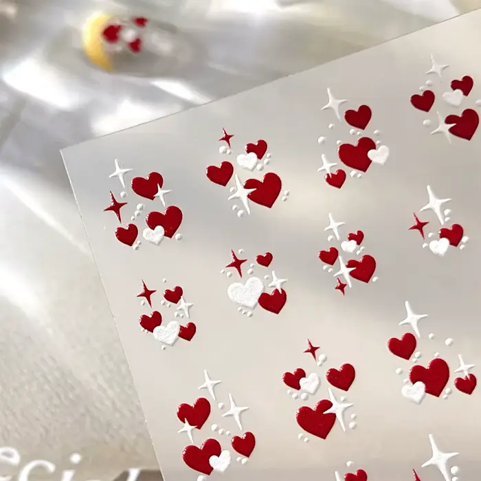 3D saint valentin amour coeur Nail Art autocollant rouge blanc croix étoiles auto-adhésif ongles décalcomanies 8*10 cm