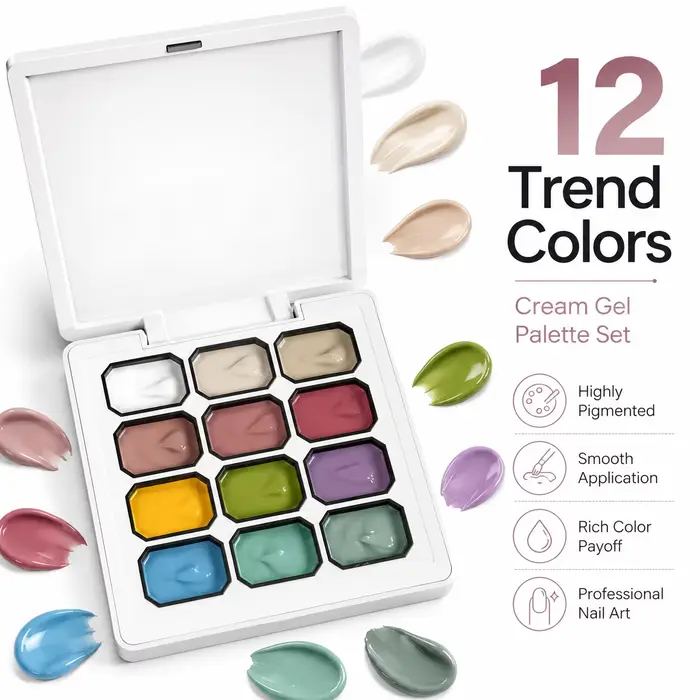 Palette de crème gel pour nail art en 12 couleurs | Peinture gel UV hautement pigmentée pour la décoration des ongles |