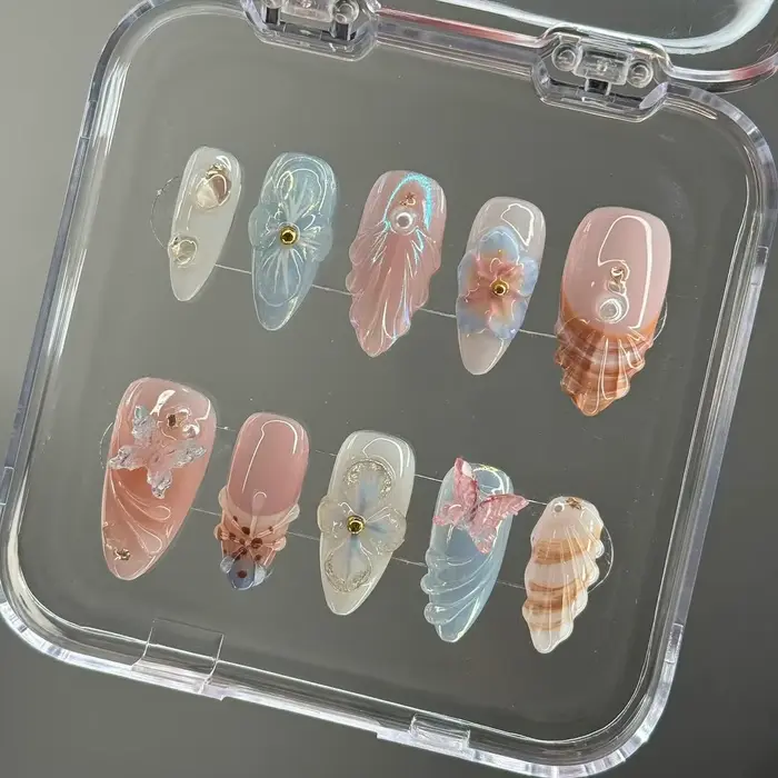 Tendance 3D Shell Nail Art été longue plage vacances ongles amande pointe française papillon 3d printemps fleur à la