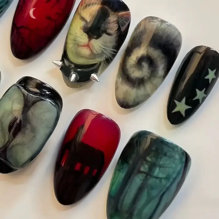 Faux ongles faits à la main, Style noir foncé, Y2k Star Horor Foreat, dessins à pression, Halloween,