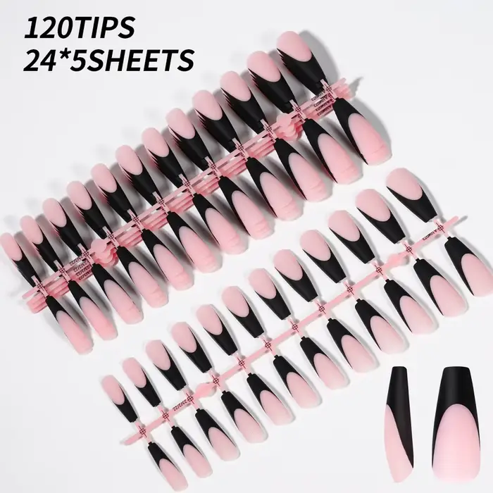 Faux-ongles en Gel français noir, 120 pièces, longs cercueil mats, à pression, 12 tailles, pré-durab