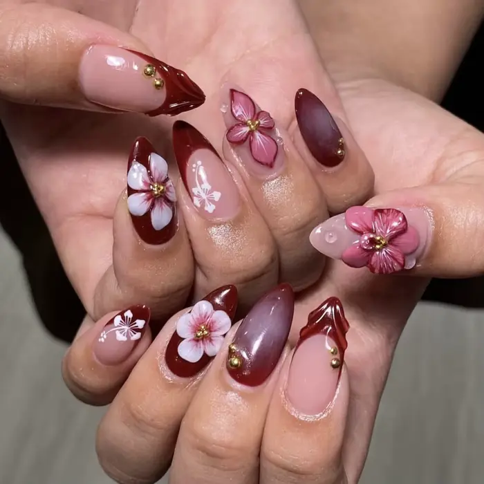 24 faux ongles à presser en amande, motif floral, rose français, à pois, couvrance totale, avec stra