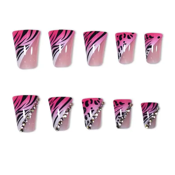 24 faux ongles roses imprimé léopard