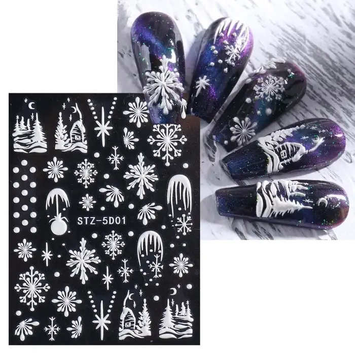 Autocollants 5D en relief flocons de neige de Noël pour ongles
