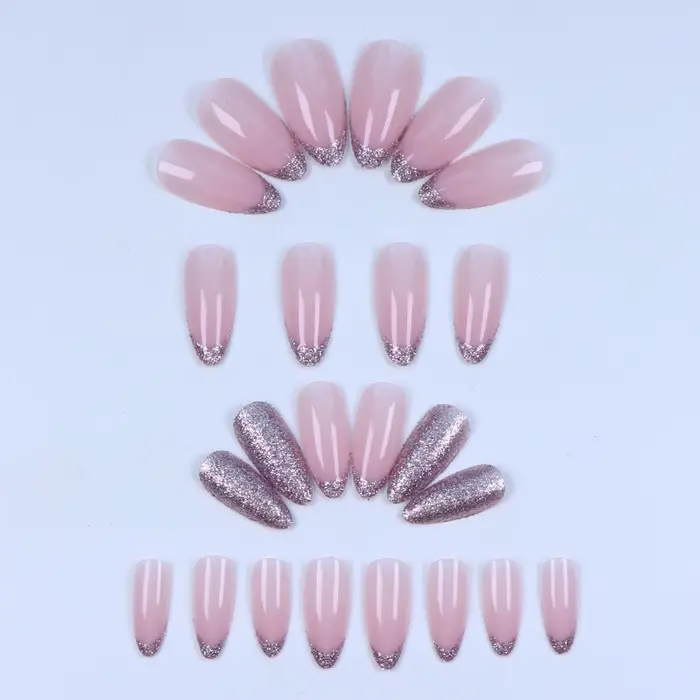 24 pièces rose paillettes français press-on ongles courts amande faux