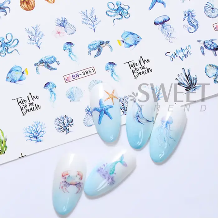 12 Motifs Autocollants Ongles Thème Océan Estival Coquillages Étoiles de Mer Méduses Décoration Manucure Transfert à l'Eau