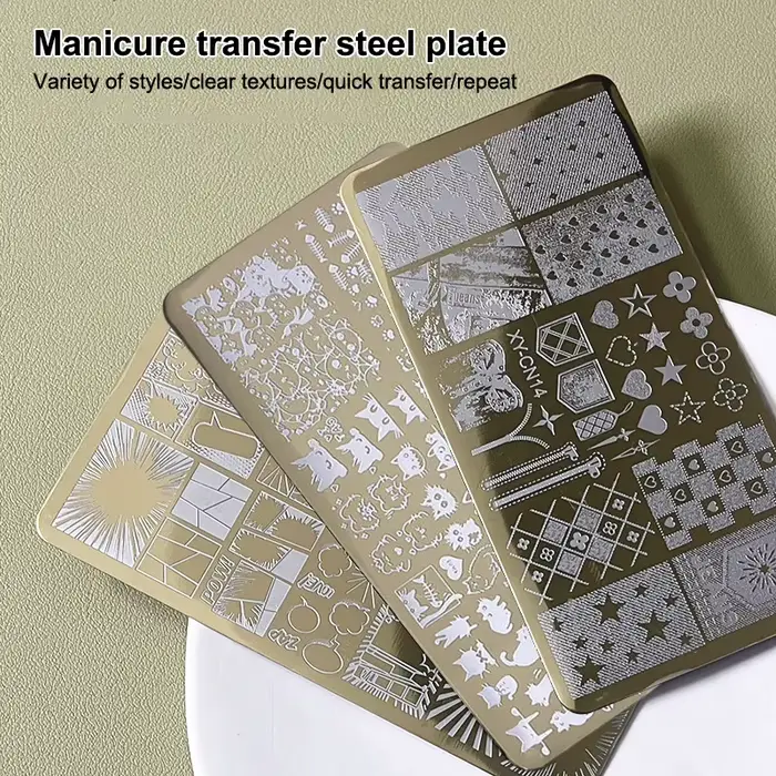 Plaques d'estampage rectangulaires dorées pour ongles, 12x6cm, nœud papillon, fleur, chat, modèles d