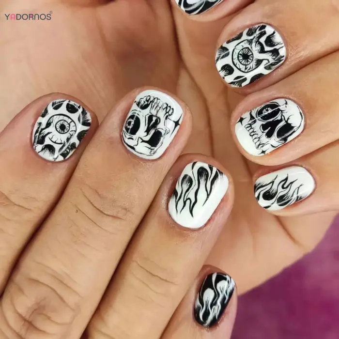 Faux-ongles Ronds Courts Pehonneur à la Main en Noir et Blanc