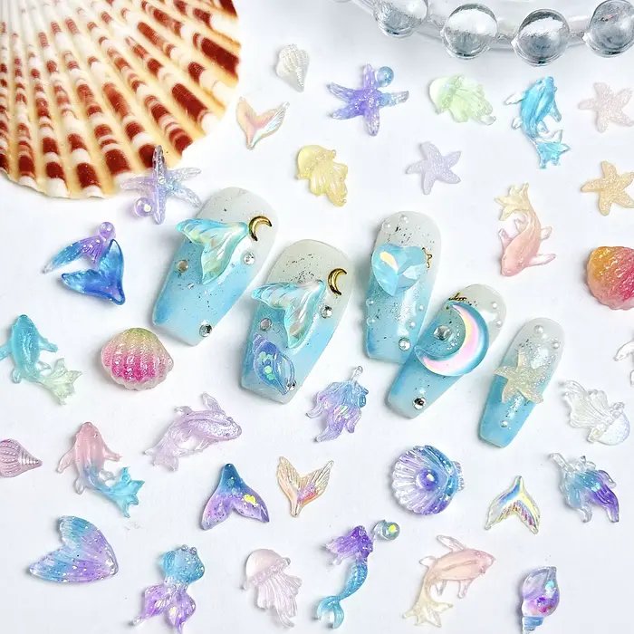 50 pièces 3D créatif simulé coquille de conque breloques pour ongles coloré translucide méduse océan série résine Nail Art décorations bricolage