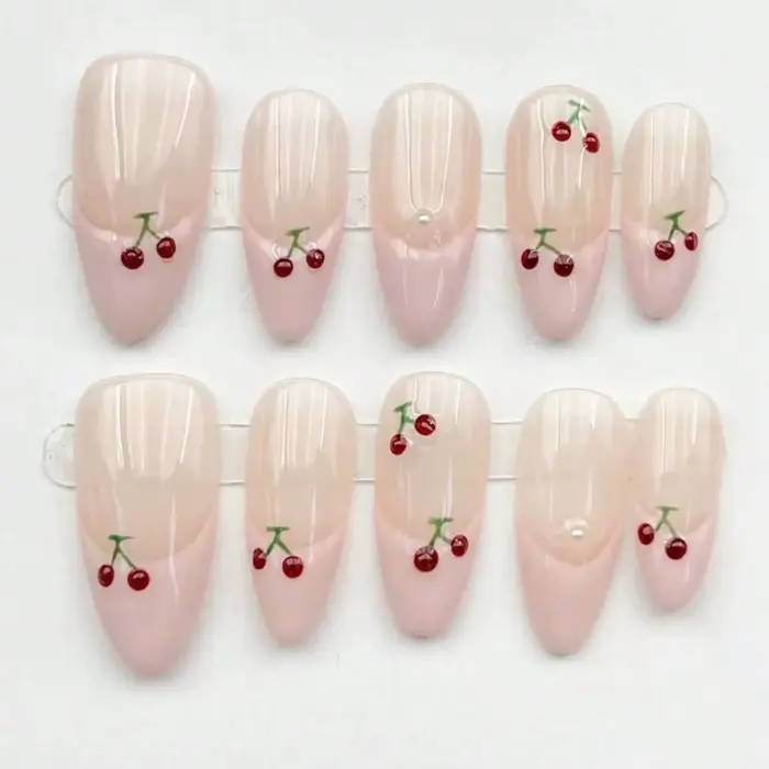 10 faux ongles en amande de taille moyenne, rose nude, peints à la main, motif cerise, cadeau pour f