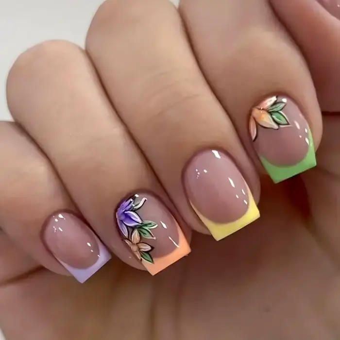 24 faux ongles colorés à presser, courts et carrés, avec motifs floraux, prêts à poser, couvrance to