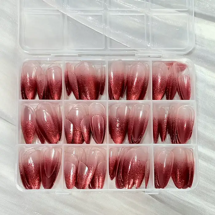 144 faux ongles en boîte, couleur bordeaux ombré, forme amande moyenne, à presser, rouges, pour mari