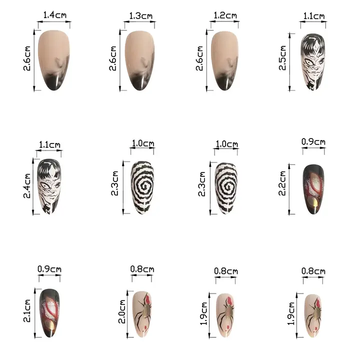 24 pièces/ensemble amande pointue Kawakami Tomie presse sur ongles portable artificiel avancé bande dessinée japonaise