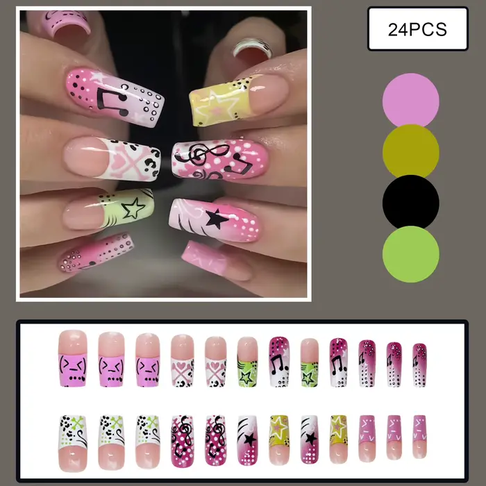 24 faux ongles style Y2K pour filles, motif note de musique et étoile, longs, forme cercueil, à pres
