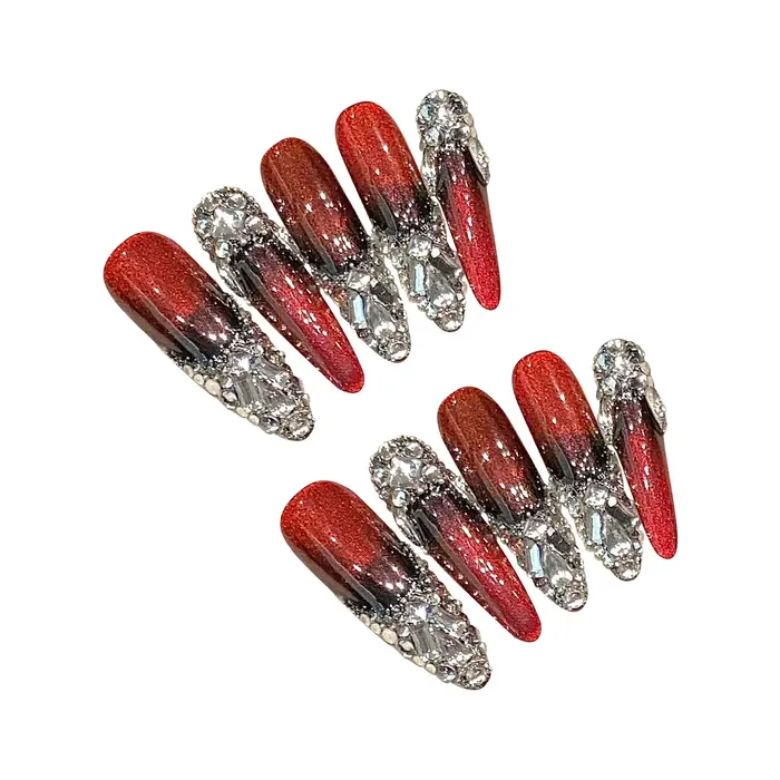 Faux ongles de luxe super longs en amande rouge vin