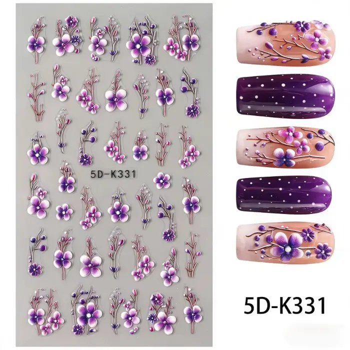 Autocollants pour ongles motif fleur de lys rose - Motifs fleurs roses et feuilles vertes
