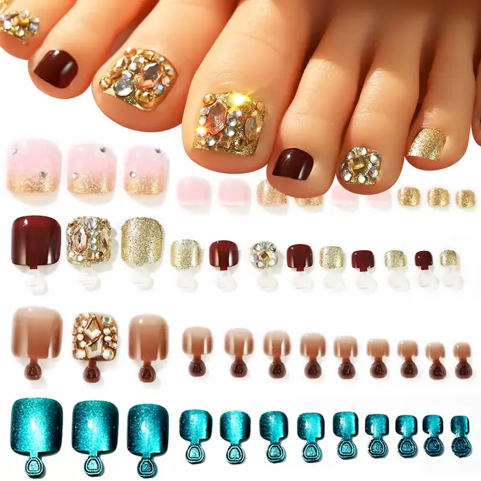24 pièces diamant faux ongles court carré Aurora couverture complète portable strass