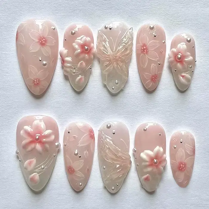 24 faux ongles à presser de longueur moyenne, forme amande, motif floral 3D ondulé, couverture compl