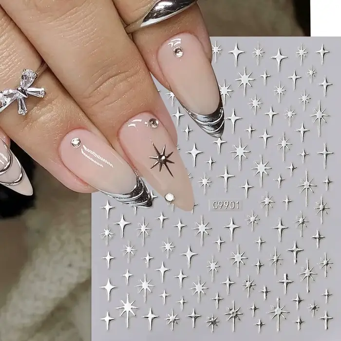Autocollants pour ongles étoiles Laser 3D, 6 couleurs, miroir métallique doré argenté, décalcomanies