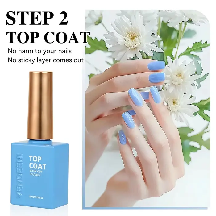 Vendeeni Top Coat Fort Sans Résidu à Haute Luminosité, Base Coat, Vernis à Ongles en Gel UV, Vernis Gel Durable, Top Coat Résistant aux Rayures