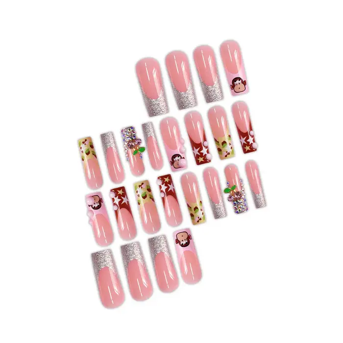 Faux ongles dessin animé petit singe, Blush, cercueil Long, doux et frais, diamant brillant, couleur étoile Y2k, presse française sur les ongles