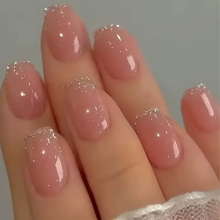 Faux ongles courts N64.avec poudre scintillante pour filles