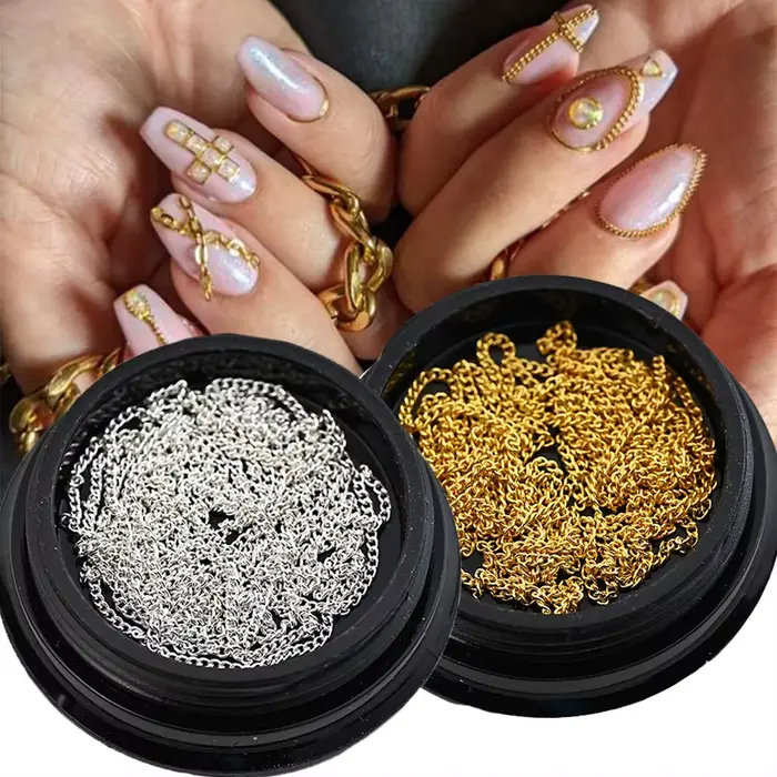 Chaînes de décoration en métal doré et argenté pour Nail Art, 100cm, 3D Punk, luxe, chaîne à paillet