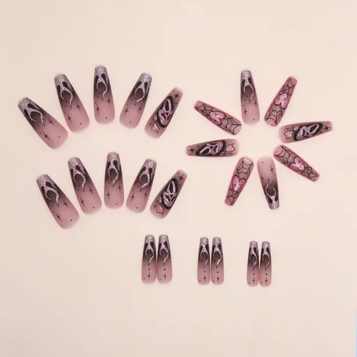 Faux ongles à paillettes roses, 24 pièces, Patch effrayant, crâne, amour, cœur, motif, ongles artifi