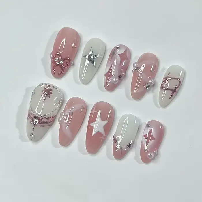 24 faux ongles en amande avec nœud et perles, design mignon pour filles, ongles à presser roses, fau