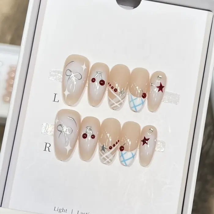 10 pièces ongles français ovales avec nœud papillon Floral conception à la main bricolage presse sur
