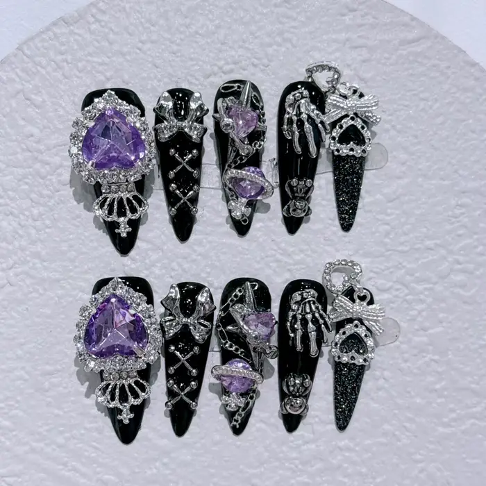 Japonais Menhera Luxe Long Tips Presse Sur Les Ongles y2k Spice Girls Noir Fait Main Nail Bear Arc C