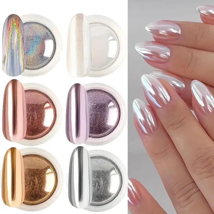 6 pièces de poudre à ongles chromée effet miroir blanc