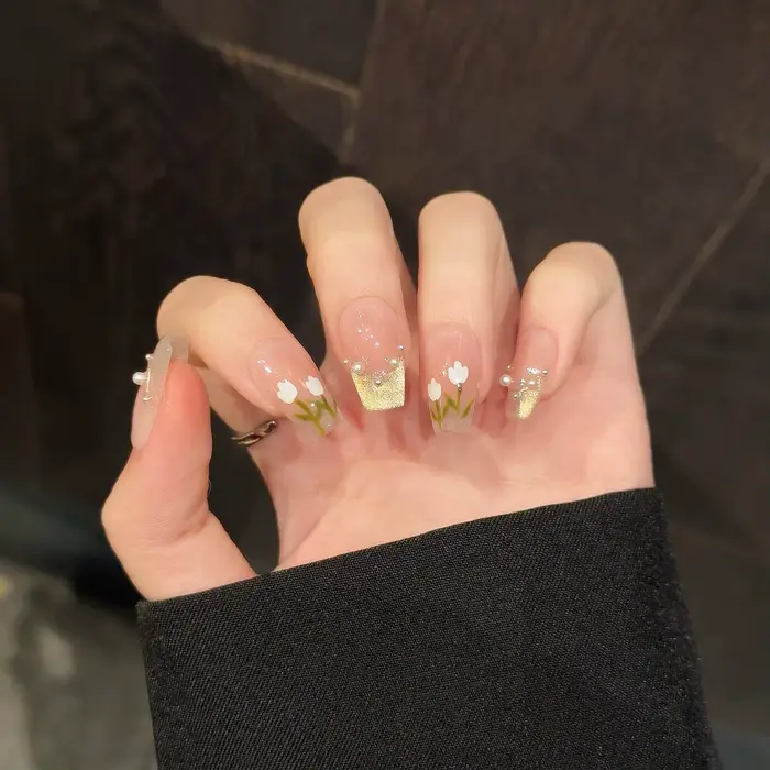 10 pièces oeil de chat faux ongles faits à la main avec perle longue amande couverture complète pointe d'ongle tulipe