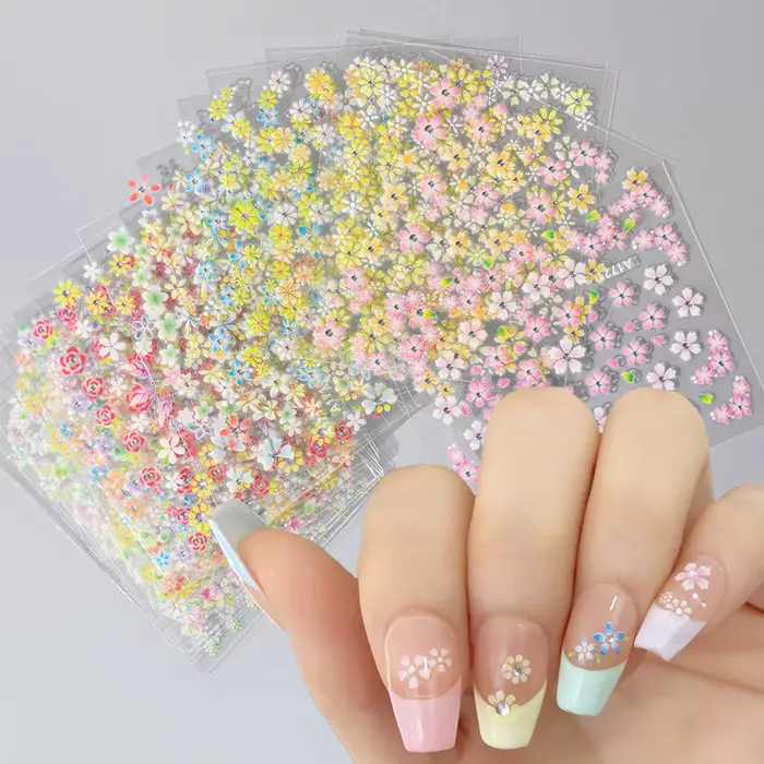 Ensemble d'autocollants pour ongles fleur avec diamant, 24 pièces, autocollants 3D pour Nail Art, mo