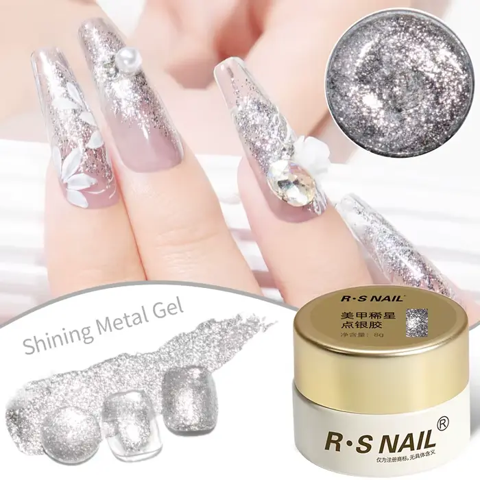 RS NAIL 8g Gel de peinture scintillant sans lingette Gel platine paillettes métallique doré argenté revêtement Gel franç