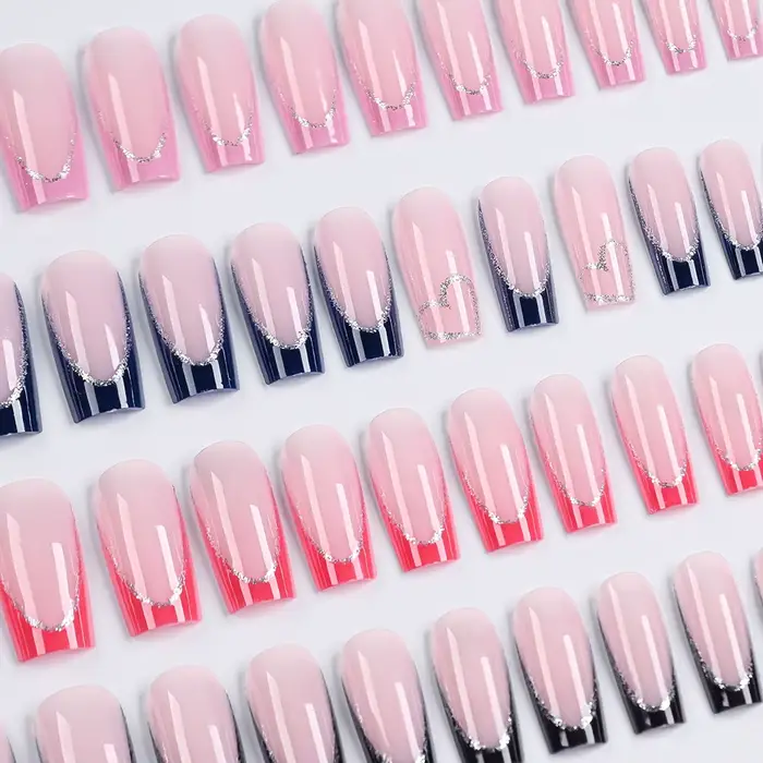 96 pièces/boîte français avec paillettes argentées faux ongles bleu/rouge couverture complète longue