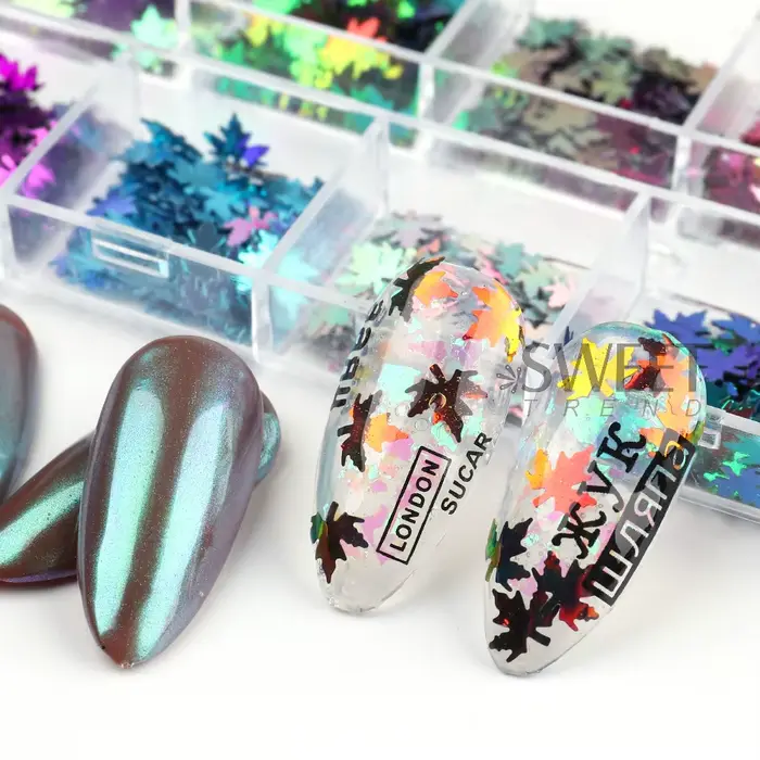 12 grilles miroir feuilles d'érable or Nail Art paillettes automne feuille Design bricolage charme bijoux