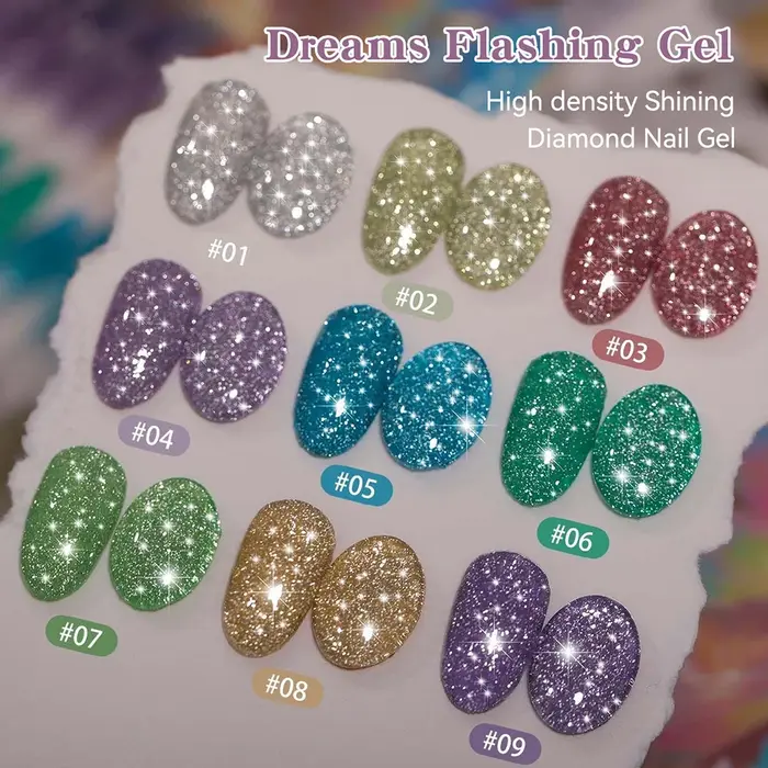 Vendeeni Vernis à ongles gel effet diamant brisé 9 couleurs, vernis gel or et argent, paillettes fines, palette de vernis gel